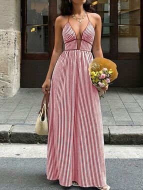 Striped Burgundy Halter Maxi Dress
